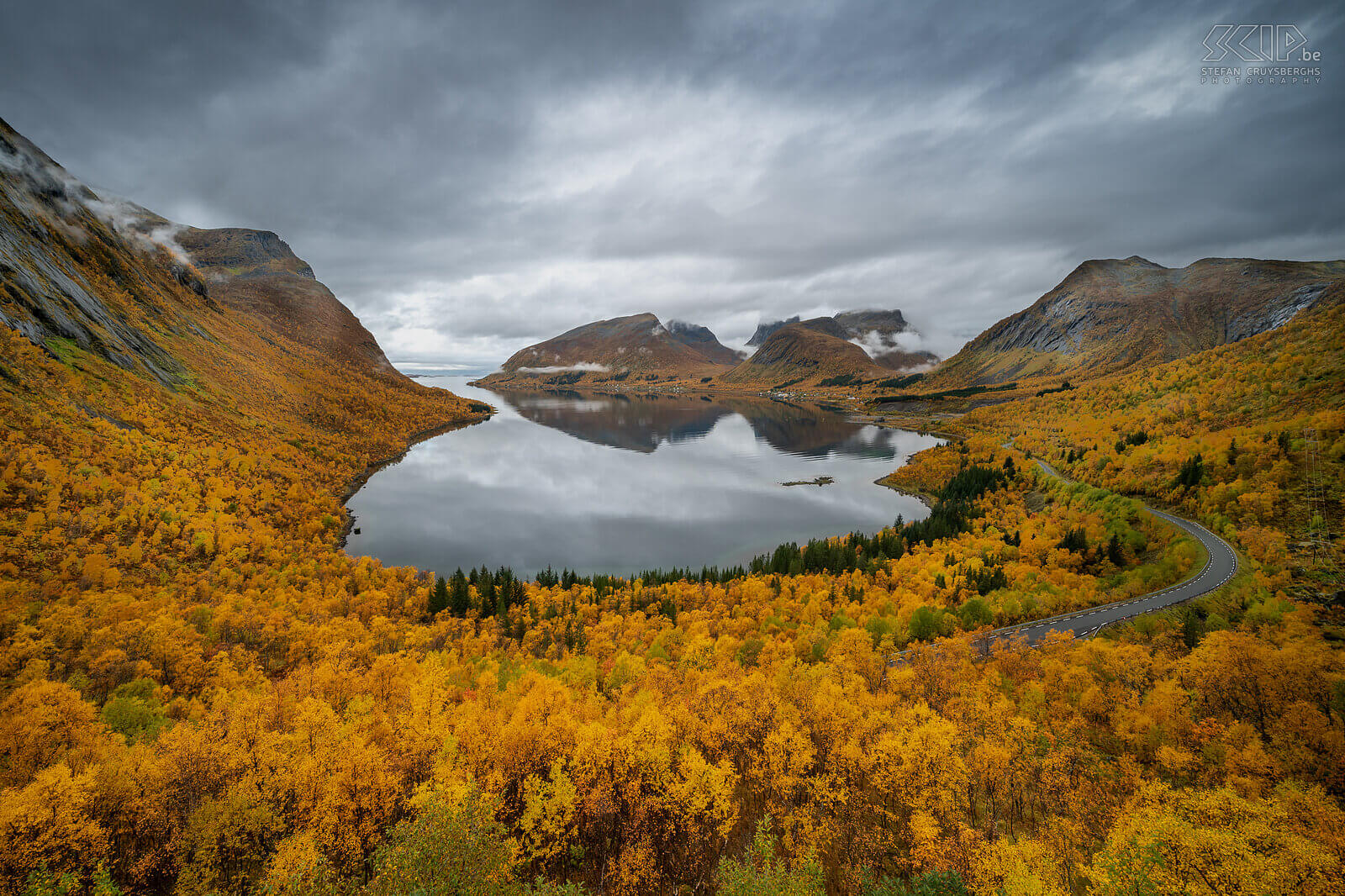 Norway - Senja - Bergsbotn Bergsfjord and the surrounding mountains with beautiful autumn colours. This photo was taken from the popular viewing platform in Bergsbotn on the island of Senja in Norway. Stefan Cruysberghs